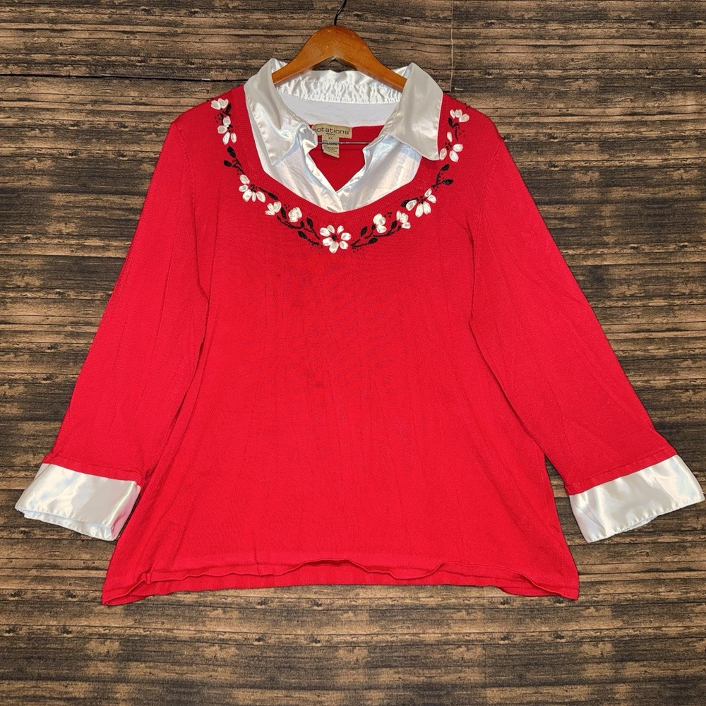 NOTATIONS Plus Size 3X Red Cream Floral Design Sweater Blouse Top Women